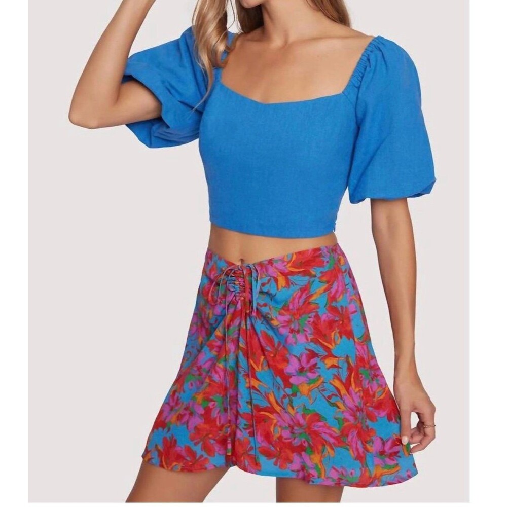 Lost + Wander Linen Blend Blue Puff Sleeve Crop Top
